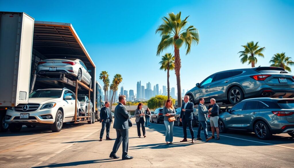 A bustling car shipping terminal in Los Angeles during daylight hours. In the foreground, a large car carrier truck is unloading several vehicles, showcasing a mix of cars including sedans and SUVs, all parked neatly. The middle ground features a diverse group of professionals in business attire coordinating the logistics, using tablets and discussing plans. In the background, iconic palm trees and the Los Angeles skyline are visible under a bright blue sky, adding to the vibrant urban atmosphere. Soft sunlight creates dynamic shadows, enhancing the sense of movement and activity. The overall mood is efficient and organized, capturing the essence of vehicle transport logistics.