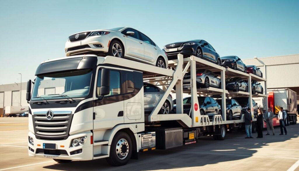 A bustling car shipping terminal in bright daylight, featuring multiple transport trucks loaded with cars ready for delivery. In the foreground, focus on a sophisticated car carrier truck, showcasing sleek vehicles secured atop its multi-level platform. The middle ground includes a busy staff in professional attire, discussing logistics and inspecting the cars, emphasizing a sense of professionalism and efficiency. In the background, an expansive warehouse and a clear blue sky suggest an active auto transport environment. Use a wide-angle lens to capture the full scope of operations, with natural sunlight illuminating the scene, creating a vibrant and energetic atmosphere that conveys the importance of understanding the cost of auto transport.