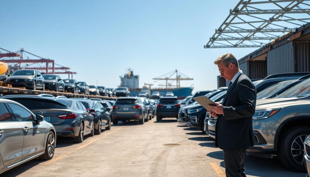 A bustling car shipping terminal in the USA, featuring rows of various types of vehicles, including sedans, SUVs, and trucks, ready for transport. In the foreground, a professional car shipping consultant in business attire examines shipping schedules on a tablet. The middle ground showcases transport trailers loaded with cars, while in the background, a clear blue sky illuminates a large shipping container and cargo ship docked at the port. The scene is vibrant with sunlight, casting crisp shadows creating depth. The composition captures a sense of organization and efficiency, emphasizing the logistics involved in car shipping. The atmosphere should feel professional and industrious, reflecting the importance of the shipping industry in 2026. A bustling car shipping terminal in the USA, featuring rows of various types of vehicles, including sedans, SUVs, and trucks, ready for transport. In the foreground, a professional car shipping consultant in business attire examines shipping schedules on a tablet. The middle ground showcases transport trailers loaded with cars, while in the background, a clear blue sky illuminates a large shipping container and cargo ship docked at the port. The scene is vibrant with sunlight, casting crisp shadows creating depth. The composition captures a sense of organization and efficiency, emphasizing the logistics involved in car shipping. The atmosphere should feel professional and industrious, reflecting the importance of the shipping industry in 2026.