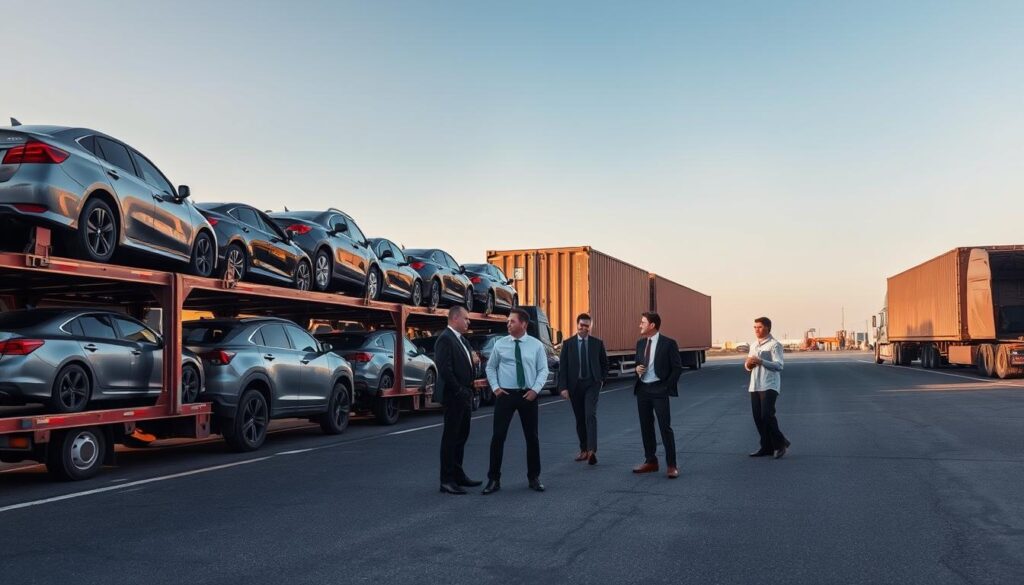 A bustling car shipping terminal in the foreground showcases several cars loaded onto large transport trucks, emphasizing the logistics of auto transportation. Each truck has a mix of vehicles, from sedans to SUVs, all neatly arranged, reflecting the variety of cars typically shipped. In the middle ground, a group of logistics professionals in business attire reviews shipping documents, while a large shipping container can be seen, hinting at the journey ahead. The background features a clear blue sky with the gentle warmth of sunlight illuminating the scene, casting soft shadows on the asphalt. The overall mood is focused and efficient, capturing the seriousness and strategic planning involved in the car shipping process from Kentucky to Florida.