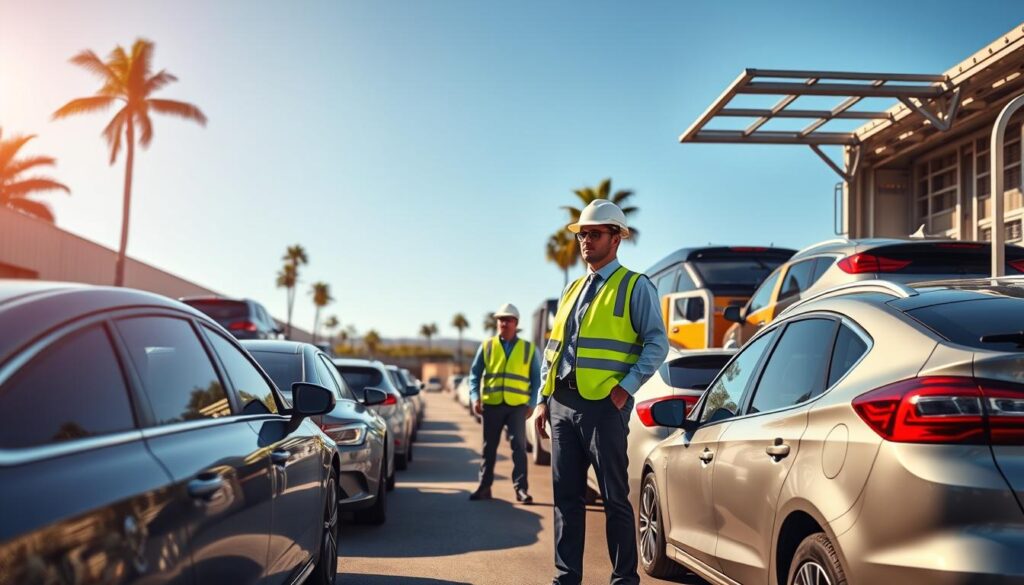 A bustling car shipping terminal showcasing multiple vehicles being loaded onto a large car carrier truck in the foreground. Several cars of different makes and colors, including sedans and SUVs, are lined up, ready for transport. In the middle ground, a professional-looking worker in business attire supervises the loading process, wearing a safety vest and a hard hat. In the background, a bright blue sky hints at California's sunny weather, with palm trees swaying gently. The scene is illuminated by warm, natural light, casting soft shadows to emphasize the busy atmosphere. A slight aerial angle captures the organized chaos of the terminal, reflecting the efficiency of car shipping operations.