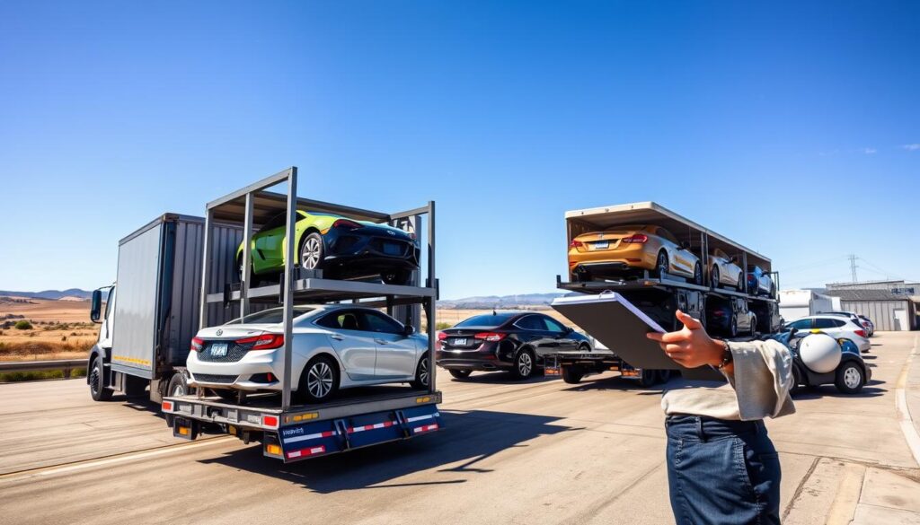A bustling car shipping terminal under clear blue skies, showcasing several cars loaded onto large transport trucks and a railway car carrier, emphasizing the efficiency of cross-country vehicle shipping. In the foreground, a close-up view of a worker in a professional uniform, inspecting the vehicles with a clipboard, symbolizes reliability and diligence. The middle ground illustrates a fleet of brightly colored cars strapped securely to the trucks, showcasing various makes and models, while in the background, a distant view of rolling hills and a highway suggests a journey across the USA. The lighting is bright and natural, capturing the essence of a sunny day. The mood conveys trust and professionalism in the car shipping process.
