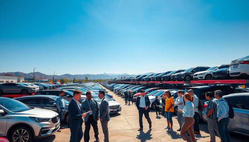 A bustling car shipping yard during a bright summer day. In the foreground, a diverse group of professionals in smart casual attire are inspecting various vehicles, discussing logistics with enthusiasm. In the middle, rows of cars on transport trucks are lined up, glistening under the sun, showcasing a mix of colors and styles—from sleek sedans to rugged SUVs. The background features a clear blue sky and distant mountains, adding depth to the scene. Bright sunlight casts dynamic shadows, creating an inviting atmosphere. The image is captured from a slightly elevated angle to encompass the scale of the shipping operation while focusing on the lively interactions among the workers, conveying a sense of teamwork and efficiency in summer car shipping.