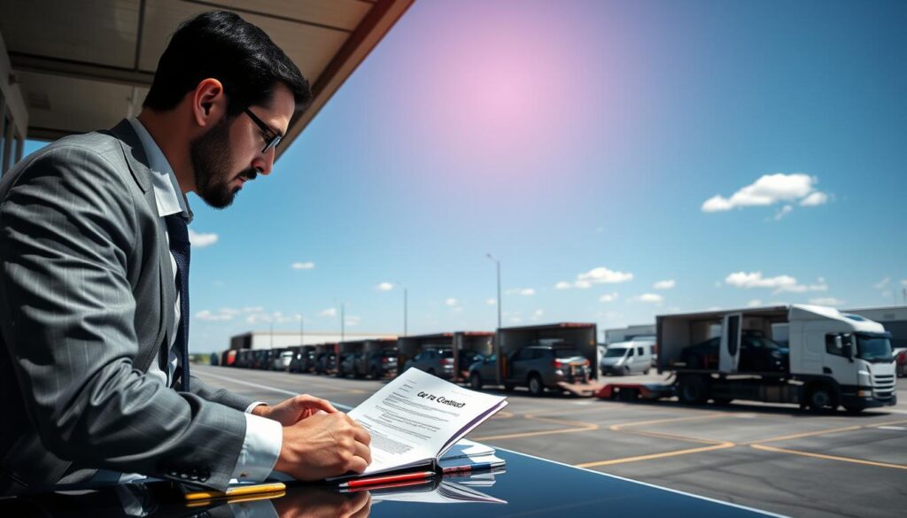 A bustling car shipping yard during daylight, with rows of vehicles ready for transport. In the foreground, a professional in business attire examines a detailed car shipping contract at a desk, surrounded by a laptop and shipping documents, conveying focus and diligence. In the middle ground, several transport trucks are lined up, loaded with cars securely fastened for transport, showcasing the logistics of the shipping process. The background features a clear blue sky dotted with a few white clouds and a distant view of a loading dock, emphasizing the scale of the operation. The lighting is bright and natural, capturing the mood of efficiency and professionalism in a busy shipping environment.