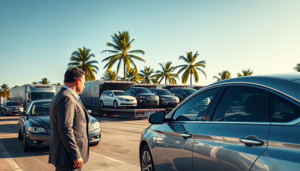 A bustling car shipping yard in Florida's sunny landscape, showcasing a variety of vehicles being loaded onto transport trucks. In the foreground, a professional car shipping expert in business attire is overseeing the process, carefully inspecting a shiny sedan. In the middle ground, lined up are several trucks loaded with cars, ready for cross-country travel, emphasizing the logistics of shipping from Nevada to Florida. The background features palm trees under a clear blue sky, capturing Florida's unique atmosphere. Soft, warm daylight filters through, casting gentle shadows, highlighting the focus on efficiency and care in car shipping. The angle is slightly elevated, providing a comprehensive view of the yard bustling with activity, reflecting the booming industry and scenic environment.