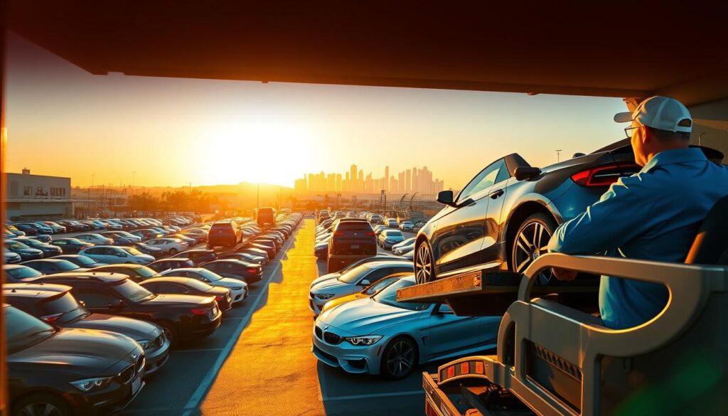 A bustling car shipping yard in Los Angeles at sunset, showcasing multiple brightly colored cars being loaded onto a transport truck. In the foreground, the truck driver, a professionally-dressed individual in a blue uniform and baseball cap, oversees the loading process, highlighting the care taken in shipping vehicles. The middle ground features rows of parked cars, with some being carefully driven up ramps while others are waiting to be loaded. In the background, the iconic Los Angeles skyline is faintly visible under a warm, golden light that casts long shadows, creating a relaxed yet industrious atmosphere. The image is captured from a low angle to emphasize the vehicles, with a lens flare effect for added warmth, and the overall mood conveys professionalism and efficiency in the car shipping process.