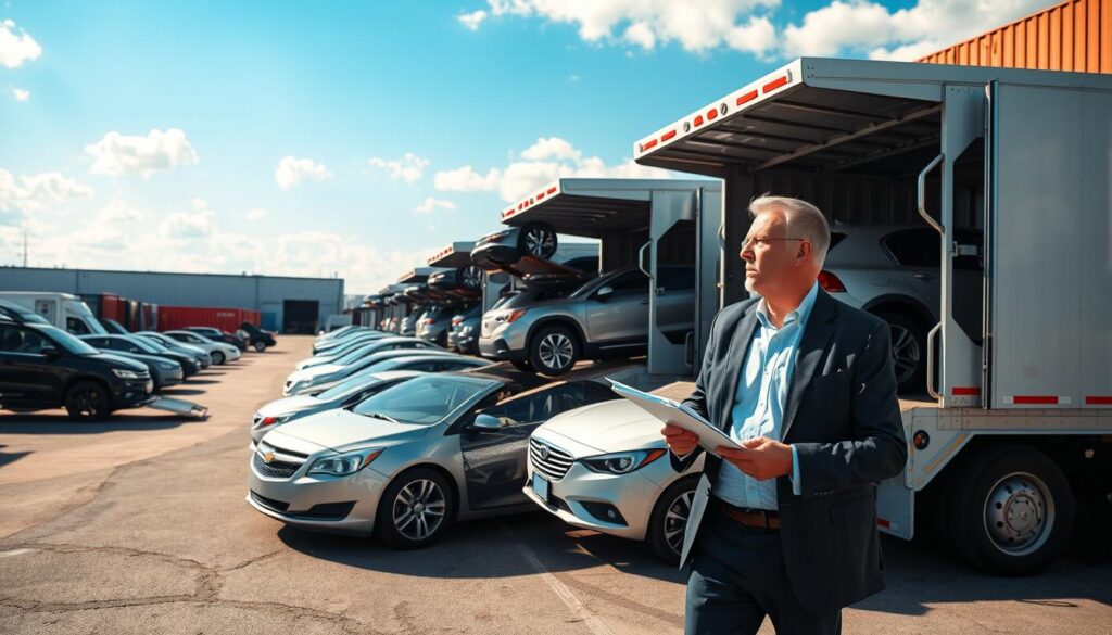 A bustling car shipping yard in the USA, showcasing a variety of vehicles being loaded onto large transport trucks. In the foreground, a professional man in a business suit, clipboard in hand, discusses logistics with a colleague dressed in smart casual attire. The middle ground features rows of cars, including sedans and SUVs, some being carefully driven up ramps onto the haulers. In the background, a clear blue sky with soft clouds enhances the scene, while large shipping containers hint at an organized operation. The lighting is bright and natural, reflecting a sunny day, casting dynamic shadows on the ground. The overall mood is industrious and professional, conveying the complexity of car shipping logistics. A bustling car shipping yard in the USA, showcasing a variety of vehicles being loaded onto large transport trucks. In the foreground, a professional man in a business suit, clipboard in hand, discusses logistics with a colleague dressed in smart casual attire. The middle ground features rows of cars, including sedans and SUVs, some being carefully driven up ramps onto the haulers. In the background, a clear blue sky with soft clouds enhances the scene, while large shipping containers hint at an organized operation. The lighting is bright and natural, reflecting a sunny day, casting dynamic shadows on the ground. The overall mood is industrious and professional, conveying the complexity of car shipping logistics.