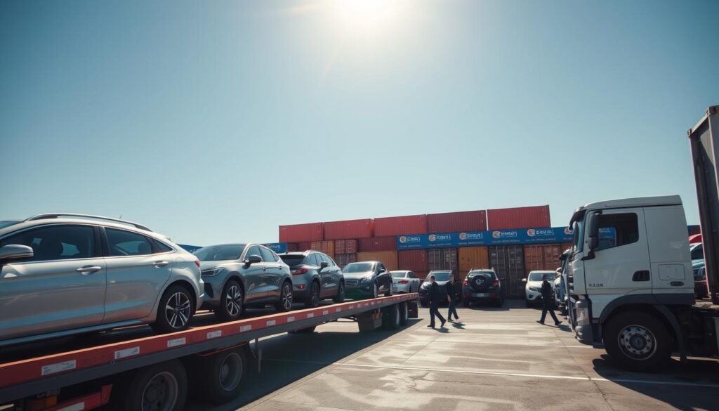 A bustling car shipping yard in the foreground, featuring several vehicles loaded onto a large flatbed truck, showcasing different makes and models including sedans and SUVs. In the middle ground, a row of brightly colored shipping containers is visible, indicating the process of cross-country vehicle transport. In the background, a clear blue sky contrasts with the sun's rays illuminating the scene, creating a sense of optimism and efficiency. The angle of the shot captures the entire yard from a slight elevation, giving a comprehensive view of the operations. The overall mood is industrious and organized, with workers in professional attire coordinating the loading and unloading process. The atmosphere is vibrant and dynamic, reflecting the complexities of car shipping across the country.