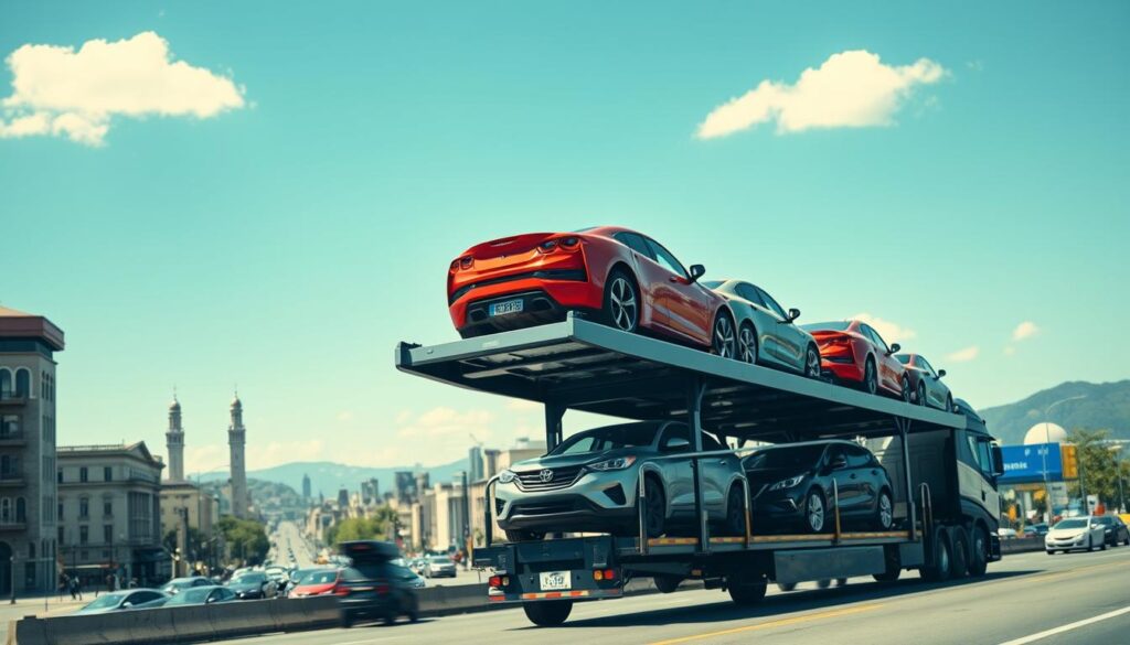 A bustling cityscape in the foreground, featuring a sleek, modern car carrier trailer transporting multiple vehicles, showcasing a diverse range of cars in vibrant colors. The middle ground presents a busy urban street with landmarks and buildings typical of a metropolitan area, emphasizing the concept of city-to-city car shipping. In the background, a clear blue sky with a few fluffy clouds and a glimpse of distant hills, hinting at transition between urban and suburban environments. The scene is illuminated with bright, natural sunlight, creating an inviting and lively atmosphere. Capture the image from a slightly elevated angle to provide depth and perspective, ensuring a focus on the car carrier juxtaposed with the dynamic city life around it.