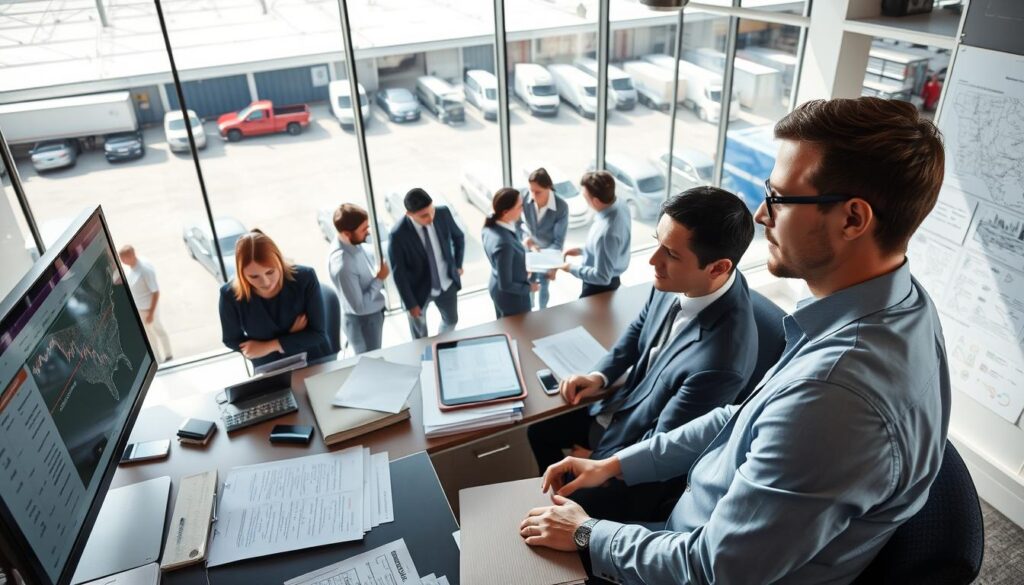 A bustling office environment showcasing auto transport brokers at work. In the foreground, two professional brokers in business attire are engaged in conversation, analyzing car shipping logistics on a computer screen, with documents and charts spread out on the desk. In the middle ground, a diverse group of brokers collaborate, discussing routes and pricing while surrounded by maps and shipping contracts. The background features a large window revealing a transport yard with various vehicles ready for shipment, providing a glimpse of the operational aspect of the car shipping process. The lighting is bright and natural, creating an informative and dynamic atmosphere. The angle captures a wide perspective, emphasizing teamwork and professionalism in the auto transport industry. A bustling office environment showcasing auto transport brokers at work. In the foreground, two professional brokers in business attire are engaged in conversation, analyzing car shipping logistics on a computer screen, with documents and charts spread out on the desk. In the middle ground, a diverse group of brokers collaborate, discussing routes and pricing while surrounded by maps and shipping contracts. The background features a large window revealing a transport yard with various vehicles ready for shipment, providing a glimpse of the operational aspect of the car shipping process. The lighting is bright and natural, creating an informative and dynamic atmosphere. The angle captures a wide perspective, emphasizing teamwork and professionalism in the auto transport industry.