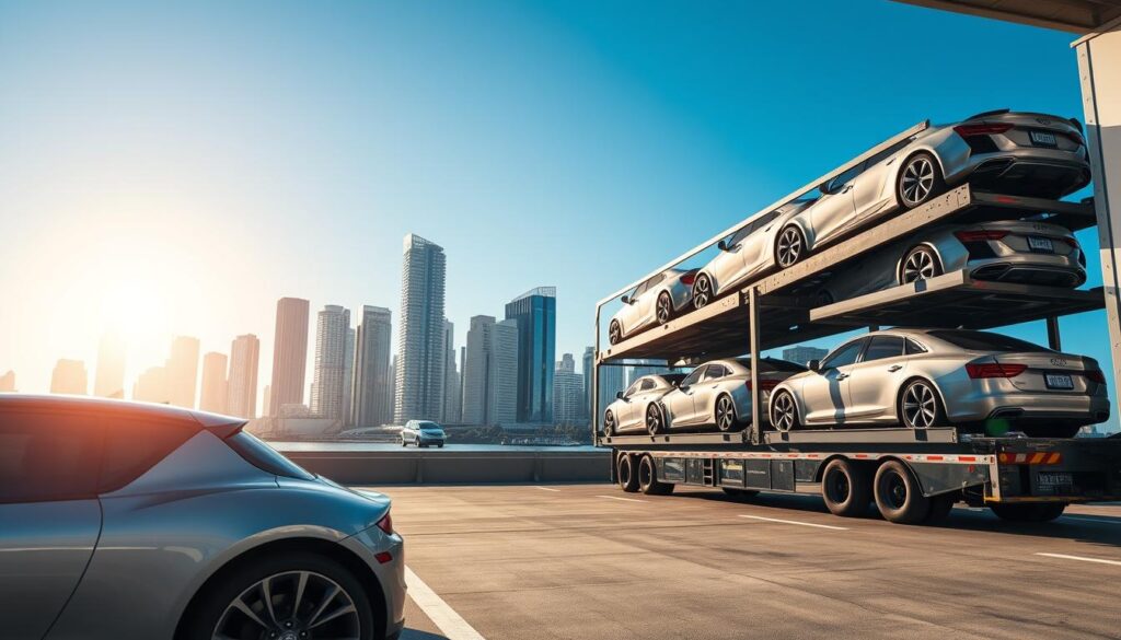 A bustling scene capturing the essence of car shipping from New York to Miami. In the foreground, a sleek, modern car is parked on a loading dock, ready to be shipped. The middle layer features a large car transporter truck, showcasing its multiple levels filled with pristine vehicles, reflecting sunlight. In the background, a vibrant view of the New York skyline, with iconic skyscrapers, juxtaposed against a soft, sunny horizon that hints at Miami’s warm climate. The atmosphere is dynamic and optimistic, with a clear blue sky. The lighting is bright and inviting, emphasizing the contrast between the two cities. A slight tilt angle adds depth, creating an engaging perspective.