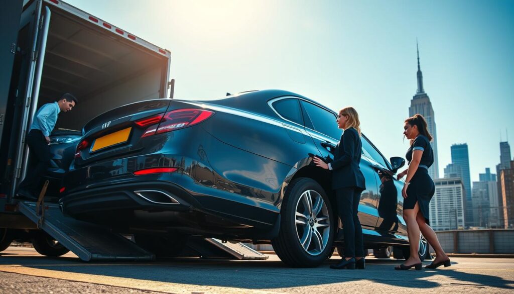 A bustling scene capturing the essence of car shipping in New York. In the foreground, a shiny black car is being carefully loaded onto an auto transport truck, with a male and female transport worker in professional attire guiding the process. The middle ground features the truck with a few other cars securely fastened, showcasing a diverse range of vehicles. The background includes the iconic New York skyline, with the Empire State Building visible, under a clear blue sky bathed in warm sunlight, creating a vibrant atmosphere. The scene is viewed from a slight elevation, simulating a dynamic angle, emphasizing movement and professionalism in the car shipping industry.
