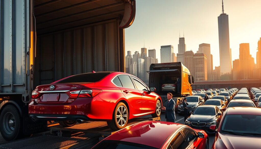 A bustling scene depicting a New York City car shipping terminal. In the foreground, a large cargo truck is unloading a shiny red sedan, with a professional driver in business attire overseeing the process. The middle ground features rows of various cars ready for shipment, with workers inspecting and preparing them. The iconic skyline of New York is visible in the background, showcasing skyscrapers bathed in warm sunlight, hinting at a busy day. The atmosphere is industrious yet organized, with people moving purposefully. The lighting is bright, emphasizing details of the vehicles and the professionalism of the shipping operation. The angle is slightly elevated, capturing both the action and the grandeur of the city behind. A bustling scene depicting a New York City car shipping terminal. In the foreground, a large cargo truck is unloading a shiny red sedan, with a professional driver in business attire overseeing the process. The middle ground features rows of various cars ready for shipment, with workers inspecting and preparing them. The iconic skyline of New York is visible in the background, showcasing skyscrapers bathed in warm sunlight, hinting at a busy day. The atmosphere is industrious yet organized, with people moving purposefully. The lighting is bright, emphasizing details of the vehicles and the professionalism of the shipping operation. The angle is slightly elevated, capturing both the action and the grandeur of the city behind.
