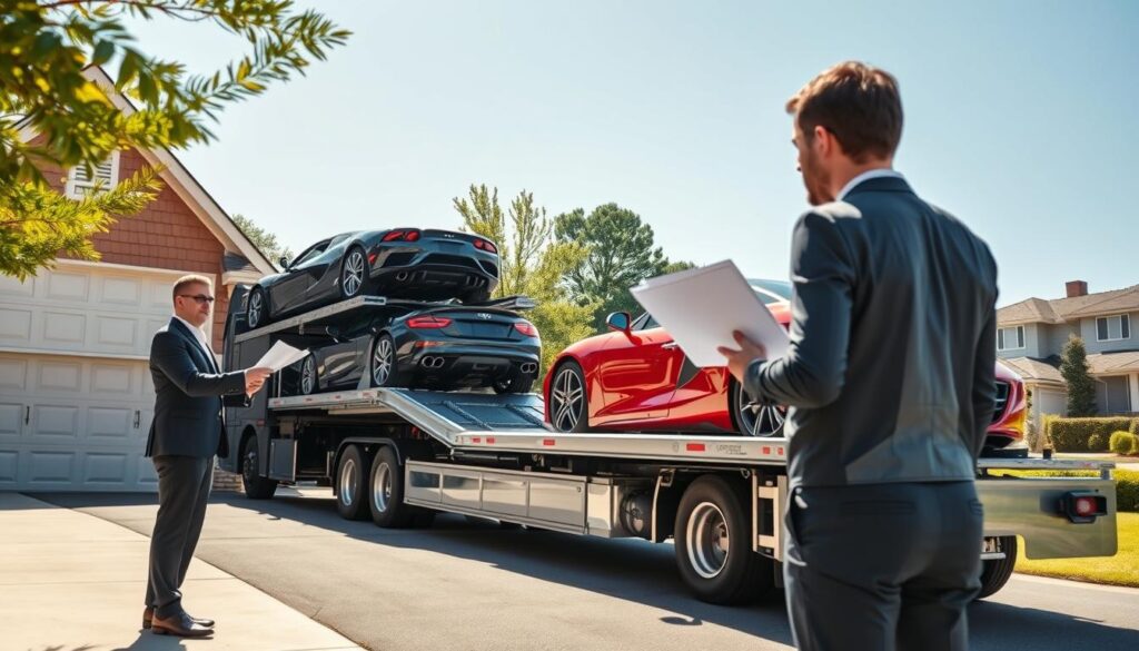 A bustling scene depicting car shipping, featuring a large, modern truck with multiple vehicles securely loaded on its trailer. In the foreground, a professional individual in business attire is inspecting paperwork and overseeing the loading of a shiny red sports car. The middle ground showcases the truck parked at a residential driveway, with garage doors open, revealing an organized space. In the background, a suburban neighborhood is visible, complete with trees and homes under a clear blue sky. The atmosphere is bright and sunny, giving a sense of efficiency and reliability. Soft shadows fall on the ground, indicating early afternoon light, with a shallow depth of field to keep the focus on the car shipping process.