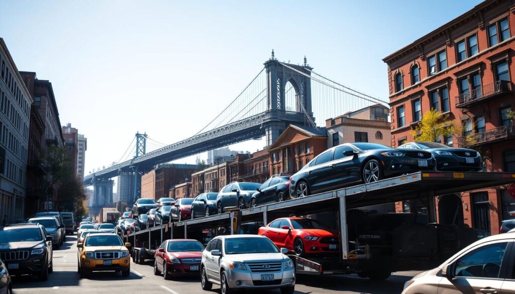 A bustling scene of auto transport in New York City, featuring a procession of various vehicles on a busy street. In the foreground, a large car carrier truck loaded with colorful cars, showcasing a mix of old and new models. The middle ground features iconic Brooklyn architecture, with historical brownstones and modern buildings, under a clear blue sky. In the background, the famous Brooklyn Bridge can be seen, connecting to Manhattan. Morning sunlight casts soft shadows, creating a warm and dynamic atmosphere. The perspective is slightly elevated, captured with a wide-angle lens to emphasize the city’s vibrancy. No people are included, allowing the focus to remain on the vehicles and the transport process, embodying the theme of shipping cars across the country.
