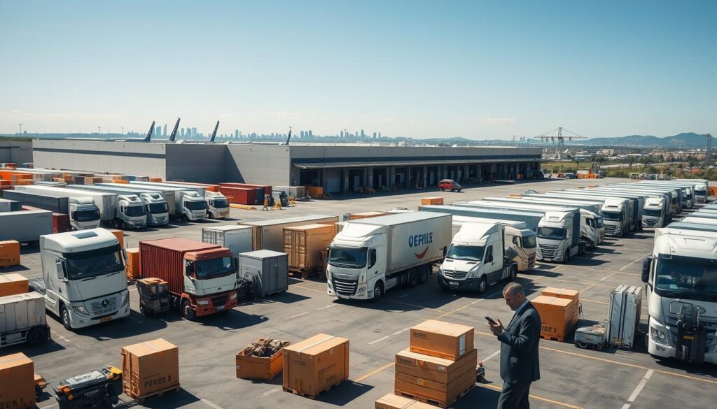A bustling shipping logistics hub in a sunny industrial area, showcasing a detailed parking lot filled with various delivery trucks and cargo containers. In the foreground, cargo workers in professional business attire strategically coordinate shipments, using handheld devices to track deliveries. The middle ground features a large, modern warehouse with loading docks busy with activity, where goods are being loaded and unloaded. In the background, a clear blue sky contrasts with a distant skyline of a city, emphasizing the efficient flow of shipment logistics. The scene is well-lit with natural daylight, enhancing the vibrancy of the activity and creating a sense of urgency and productivity, ideal for illustrating the dynamics of shipping windows and logistics.