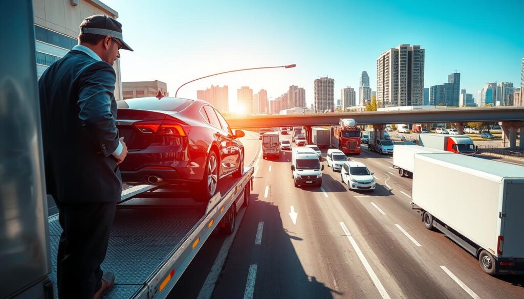 A bustling urban landscape showcasing the logistics of auto transport. In the foreground, a professional truck driver in business attire inspects a glossy, new sedan being loaded onto a car carrier. The middle ground features a modern, multi-lane city street filled with various transport vehicles, including open-deck car carriers and delivery vans, all under bright, natural daylight. The background reveals a skyline of high-rise buildings and clear blue skies, indicating an efficient urban environment. Capture the scene with a dynamic low-angle perspective to emphasize the vehicles and their scale, while maintaining a sense of organization and flow. Aim for a mood that is industrious yet orderly, illustrating the seamless coordination of car shipping in an urban setting.