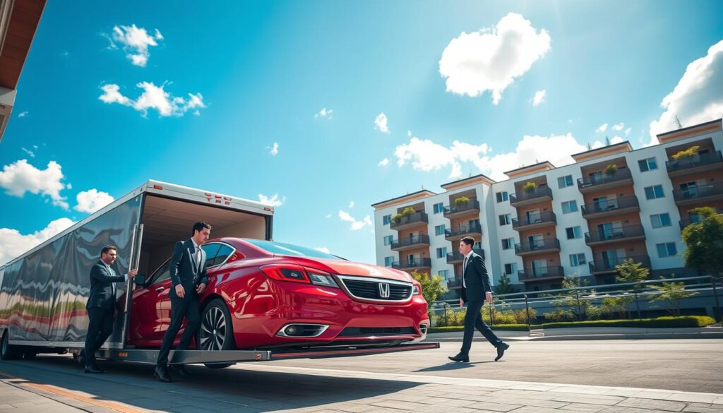 A bustling urban scene showcasing a car shipping process near an apartment complex. In the foreground, a shiny red sedan is being carefully loaded onto an enclosed transport truck by a crew of two men in professional business attire, displaying a sense of teamwork and efficiency. The middle ground features the modern apartment complex with balconies and greenery, hinting at its welcoming atmosphere for new residents. In the background, a clear blue sky contrasts with scattered white clouds, suggesting a pleasant day for moving. The lighting is bright and sunny, creating a warm, optimistic mood. The camera angle is slightly elevated, capturing the entire scene with focus on the loading action while keeping the apartment complex visible, illustrating the connection between car shipping and apartment living.