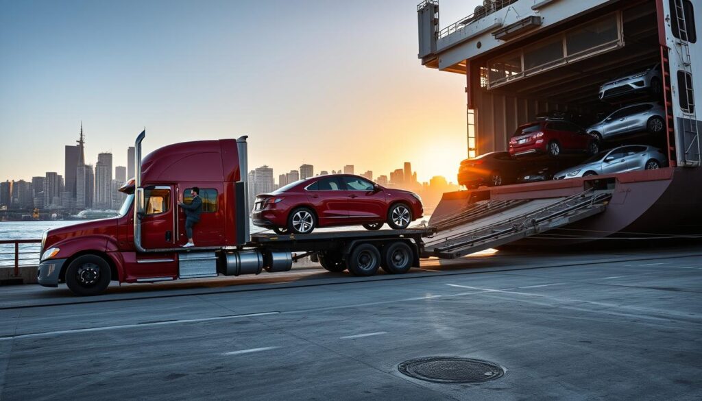 A bustling vehicle shipping dock located in Portland, Oregon, with a semi-trailer truck loading a shiny red car onto a large cargo ship. In the foreground, the truck driver, dressed in casual business attire, carefully checks the car’s securement. The middle ground features the ship, adorned with numerous vehicles, ready to embark on a journey to Phoenix. In the background, the iconic Portland skyline is silhouetted against a soft, golden sunset, casting warm glowing light over the scene. The atmosphere is dynamic, reflecting the logistics of car shipping, with clear blue skies and gentle waves on the water, enhancing the sense of motion and anticipation.