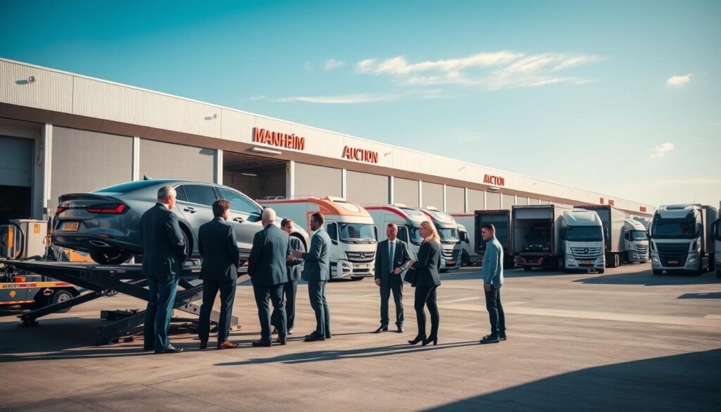 A busy auction transport logistics scene set at a Manheim Auction facility. In the foreground, a diverse group of professional individuals in business attire discusses shipping details near a sleek car on an elevated platform. In the middle ground, various trucks and transport vehicles are loaded with cars, showcasing the efficient, organized process of vehicle transport. The background features the expansive auction building with clear signage and vibrant color schemes that indicate activity. Soft, natural daylight illuminates the scene, creating a sense of urgency and professionalism. A clear blue sky overhead adds an uplifting mood, while carefully crafted shadows enhance the depth of the image, emphasizing the logistics of moving vehicles from auction to destination.