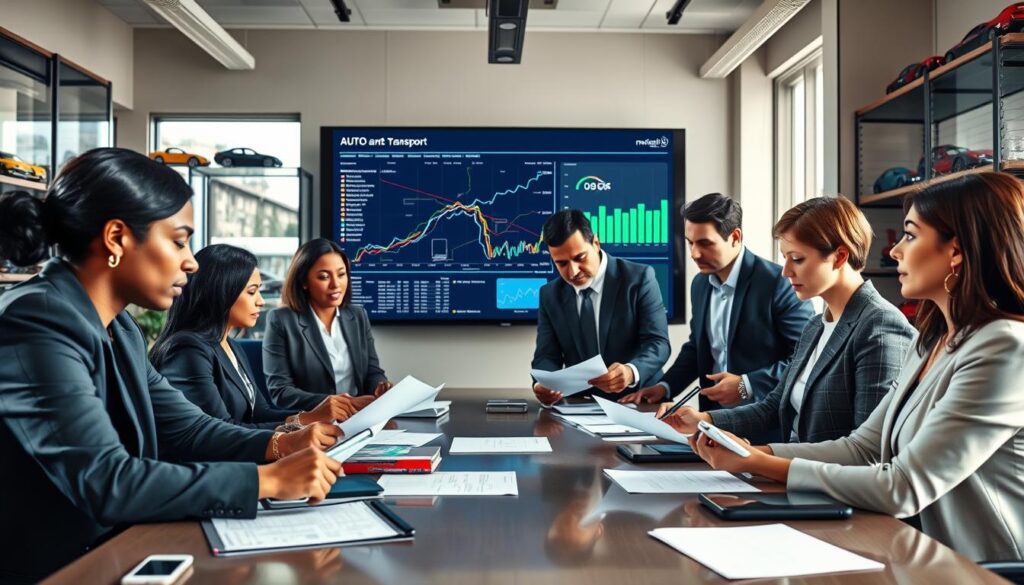 A busy auto transport brokerage office, with professionals in smart business attire collaborating around a large conference table. In the foreground, a diverse group of brokers, including a Black woman, a Hispanic man, and a Caucasian woman, are discussing logistics over paperwork and digital devices. The middle background features a large screen displaying car transport routes and data analytics, emphasizing their role in coordinating shipments. The office has large windows letting in bright daylight, creating an energetic atmosphere. On the shelves are car models and transport brochures, adding to the theme. The scene is captured with a wide-angle lens to encompass the team's dynamic environment, conveying a sense of professionalism and teamwork. A busy auto transport brokerage office, with professionals in smart business attire collaborating around a large conference table. In the foreground, a diverse group of brokers, including a Black woman, a Hispanic man, and a Caucasian woman, are discussing logistics over paperwork and digital devices. The middle background features a large screen displaying car transport routes and data analytics, emphasizing their role in coordinating shipments. The office has large windows letting in bright daylight, creating an energetic atmosphere. On the shelves are car models and transport brochures, adding to the theme. The scene is captured with a wide-angle lens to encompass the team's dynamic environment, conveying a sense of professionalism and teamwork.
