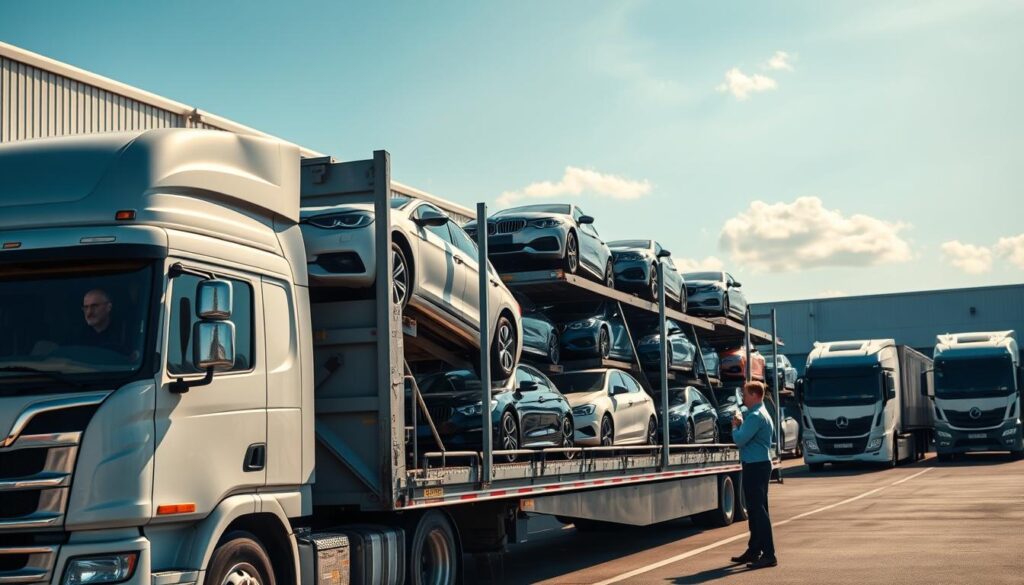 A busy auto transport scene depicting a multi-car trailer loaded with vehicles on a sunny day. In the foreground, a professional-looking auto transport truck is parked, its driver — a person in business casual attire — stands next to it discussing logistics with another individual, also dressed in professional attire. In the middle, the trailer is filled with a variety of cars, showcasing different colors and models, expertly packed. In the background, a sprawling logistics warehouse can be seen with additional transport trucks lined up. The lighting is bright and clear, capturing the essence of a bustling transport hub, while the angle is slightly low to emphasize the height of the trailer and the variety of vehicles. The mood is dynamic and industrious, reflecting the efficiency of the auto transport industry.
