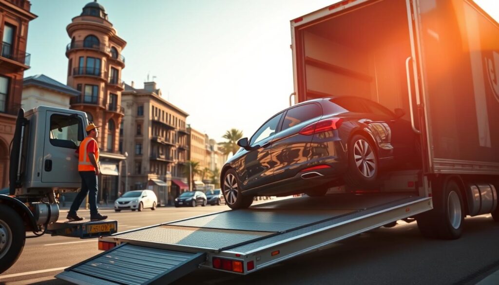 A busy auto transport scene in an urban setting, showcasing a professional driver loading a shiny sedan onto a modern car carrier truck. The foreground features a detailed view of the truck's ramp and the car being loaded, emphasizing the smooth operation. In the middle, the truck is parked on a sunny Boston street with historic buildings in the backdrop, symbolizing the starting point of the journey. The background includes palm trees and distant outlines of Florida's skyline, hinting at the destination. The lighting is bright and inviting, creating a sense of optimism for the journey ahead. The atmosphere should feel dynamic and organized, capturing the logistics involved in shipping a car across states. No text or watermarks should be present.
