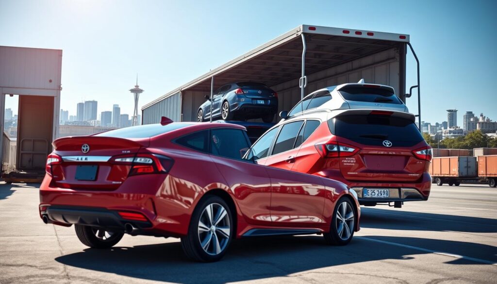 A busy auto transport scene set in a logistics yard, showcasing a large car carrier truck loaded with various vehicles ready for transport. In the foreground, focus on the vibrant colors of the cars – a red sedan, a blue SUV, and a silver hatchback. The middle layer features the car carrier, elegantly designed with a sturdy ramp, glistening in natural sunlight, enhancing the dynamic of movement. In the background, a clear blue sky contrasts with the distant skyline of Seattle, hinting at the destination. The scene is portrayed in bright, natural lighting, emphasizing the professionalism of the auto transport industry. A sense of organization and efficiency permeates the atmosphere, ideal for understanding the auto transport process.