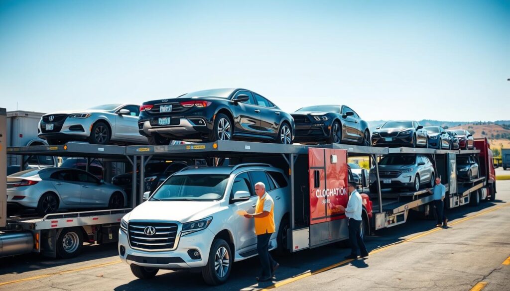 A busy auto transport yard in the foreground, featuring several trucks transporting cars securely on open trailers. Each trailer displays a variety of vehicles, including sedans and SUVs, showcasing the diversity of auto transport services. In the middle ground, workers in professional attire are coordinating logistics, checking paperwork, and inspecting vehicles, creating a sense of organized activity. The background shows a clear blue sky and distant rolling hills, reflecting a bright, sunny day. The lighting is natural and vibrant, highlighting the colors of the cars and the trucks. The atmosphere is efficient and professional, capturing the essence of reliable auto transport services in the USA. A busy auto transport yard in the foreground, featuring several trucks transporting cars securely on open trailers. Each trailer displays a variety of vehicles, including sedans and SUVs, showcasing the diversity of auto transport services. In the middle ground, workers in professional attire are coordinating logistics, checking paperwork, and inspecting vehicles, creating a sense of organized activity. The background shows a clear blue sky and distant rolling hills, reflecting a bright, sunny day. The lighting is natural and vibrant, highlighting the colors of the cars and the trucks. The atmosphere is efficient and professional, capturing the essence of reliable auto transport services in the USA.