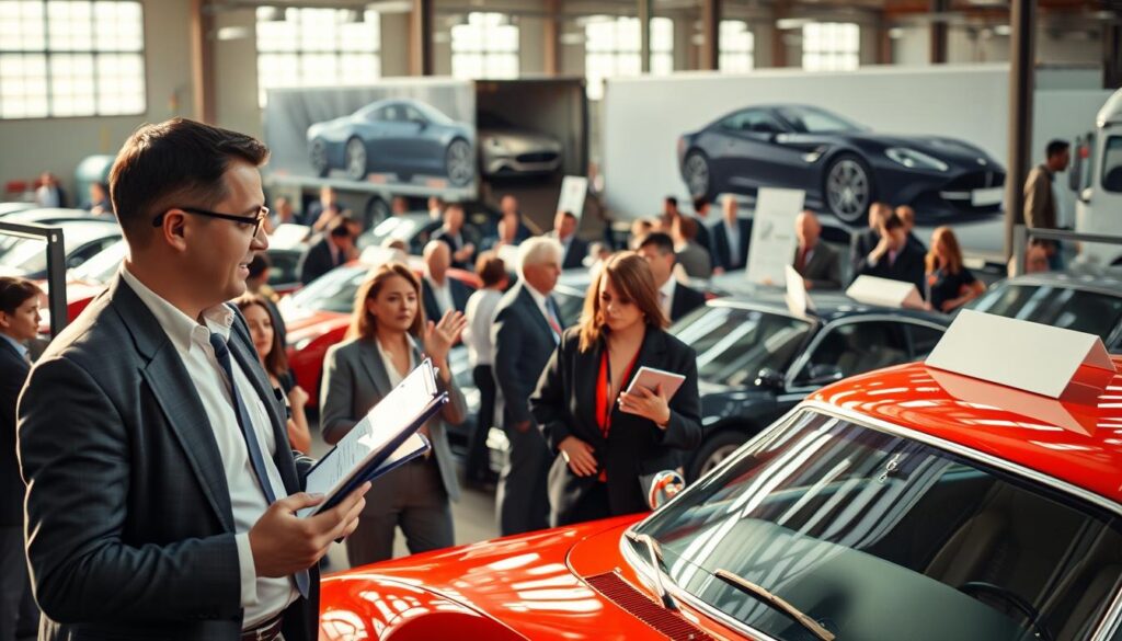 A busy automotive auction scene where a diverse group of people, dressed in professional business attire, are interacting and bidding. In the foreground, a confident man with a clipboard is discussing the details of a vintage car, while beside him, a woman is inspecting a sleek sports car under bright, focused lighting. In the middle ground, rows of various vehicles are showcased, with bidding signs prominently displayed. In the background, a large shipping truck is seen being loaded with cars, emphasizing the shipping aspect. The atmosphere is energetic yet professional, capturing the excitement of the auction process. Use natural daylight with a slight warm tint, creating an inviting tone. A slight shallow depth of field to keep the focus on the people and vehicles while softly blurring the background.