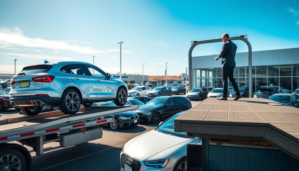 A busy car dealership lot showcasing a diverse range of vehicles, highlighting the importance of reliable auto transport. In the foreground, a new car being carefully loaded onto a flatbed truck by a professionally dressed transport operator, demonstrating attention to detail and care. In the middle ground, an assortment of cars lined up under bright, natural lighting, reflecting a sense of order and professionalism. The background features a clear blue sky and a modern dealership building with large windows, conveying a sense of trust and reliability. The scene should evoke a mood of efficiency and assurance, capturing the essence of dependable car shipping options for dealerships. High-resolution, with a focus on vibrant colors and a balanced composition.