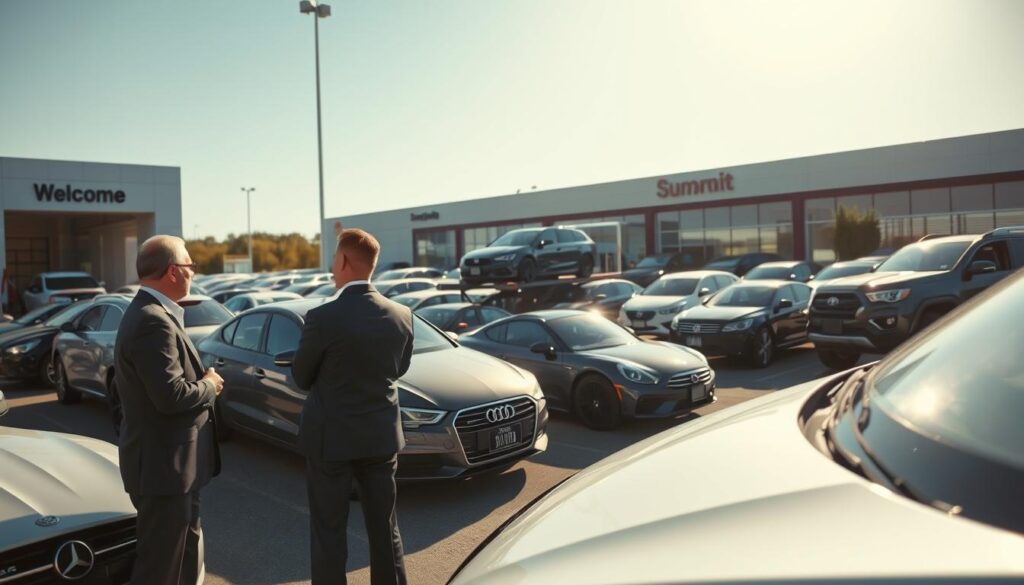A busy car dealership shipping yard during daylight, showcasing a variety of used cars ready for transport. In the foreground, two professional individuals in business attire discuss shipping logistics next to a well-organized fleet of cars parked neatly in rows. The middle ground features a car carrier truck being loaded with vehicles, which are gleaming under the bright sun, showcasing their polished surfaces. In the background, a modern, welcoming dealership building visible with a clear blue sky overhead. Utilize soft natural lighting to create an inviting atmosphere, emphasizing a sense of trust and efficiency. Use a slight wide-angle lens perspective to capture the bustling activity at the dealership while keeping the focus on the protagonists discussing the shipping process. A busy car dealership shipping yard during daylight, showcasing a variety of used cars ready for transport. In the foreground, two professional individuals in business attire discuss shipping logistics next to a well-organized fleet of cars parked neatly in rows. The middle ground features a car carrier truck being loaded with vehicles, which are gleaming under the bright sun, showcasing their polished surfaces. In the background, a modern, welcoming dealership building visible with a clear blue sky overhead. Utilize soft natural lighting to create an inviting atmosphere, emphasizing a sense of trust and efficiency. Use a slight wide-angle lens perspective to capture the bustling activity at the dealership while keeping the focus on the protagonists discussing the shipping process.