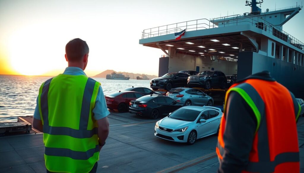 A busy car shipping dock at sunrise, with a focus on multiple vehicles being loaded onto a large transport ship destined for New York. In the foreground, a professional worker in a reflective safety vest oversees the loading process, emphasizing a sense of responsibility and organization. In the middle ground, various cars, including sedans and SUVs in vibrant colors, are carefully rolled onto the ship's ramp. The background features a calm Miami harbor with gentle waves and a clear sky transitioning from orange to blue as the sun rises. Soft, warm lighting casts pleasing shadows, creating an energetic yet serene atmosphere, showcasing the importance of shipping cars efficiently.