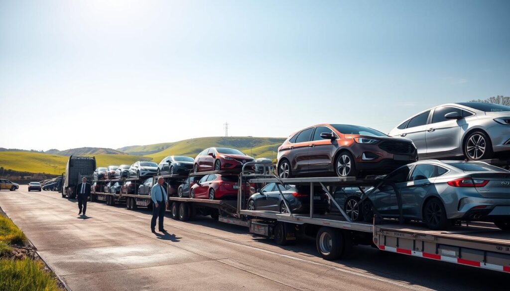A busy car shipping lot in a rural setting, showcasing a variety of vehicles on transport trailers and in a staging area. In the foreground, focus on a large car transport truck, meticulously loaded with sedans and SUVs, displaying vibrant colors reflecting sunlight. In the middle ground, outline additional cars being unloaded, with a couple of professionals in business attire inspecting the vehicles. In the background, rolling green hills and a clear blue sky create a serene atmosphere, symbolizing the contrast between urban and rural transport challenges. Use natural lighting to emphasize the gleam of the vehicles, shot from a slightly elevated angle to capture the expanse of the lot. The overall mood should be industrious, yet calm, illustrating the fundamentals of auto transport in a rural environment.