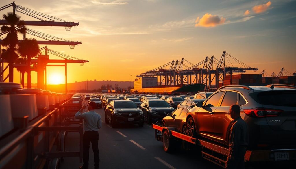 A busy car shipping port in San Diego during the golden hour, showcasing rows of newly shipped cars waiting for transport. In the foreground, a transport truck loaded with vehicles is parked, while a worker in professional attire inspects the cargo. The middle section features a large shipping container ship docked at the port, with several shipping cranes in action, silhouetted against the fiery sunset. The background captures the beautiful San Diego skyline with palm trees and the soft glow of the setting sun illuminating the scene. The atmosphere is bustling yet organized, reflecting the efficiency of car shipping operations. The overall color palette includes warm oranges, deep blues, and vibrant yellows, creating a dynamic feel.