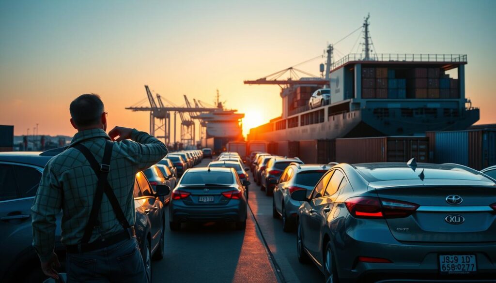 A busy car shipping terminal at dawn, featuring rows of different types of vehicles, including sedans, SUVs, and trucks, being loaded onto transport carriers. In the foreground, a professional truck driver adjusts the tie-down straps on the back of a car, showcasing meticulous attention to detail. The middle ground displays a large transport ship docked at the terminal, with cranes loading additional vehicles, under a soft, amber sunrise that casts long shadows. In the background, a line of cargo containers adds depth to the scene, while a clear blue sky suggests a promising day ahead. The atmosphere is industrious yet calm, illustrating the complexity and logistics involved in car shipping and the nature of delivery timelines.