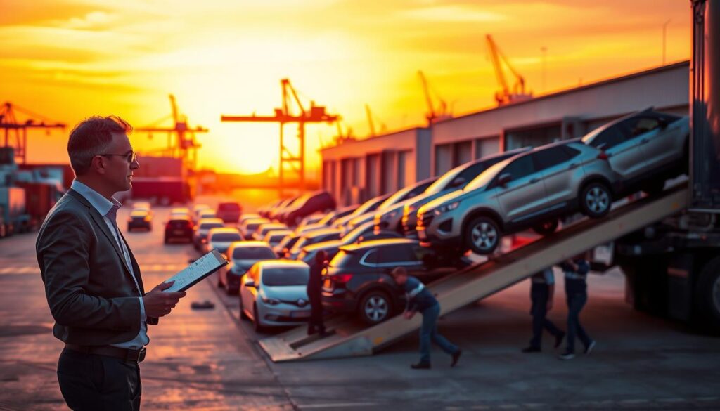 A busy car shipping terminal at sunset, showcasing multiple vehicles being loaded onto a large transport truck. In the foreground, a professionally dressed logistics manager inspects the cargo, taking notes on a clipboard. The middle ground features rows of cars in various colors, shining under the warm, golden light, with some being driven up the ramp by workers in uniforms. The background includes a warehouse with shipping containers and cranes, all silhouetted against a vibrant orange-pink sky, creating a dynamic yet organized atmosphere. The scene captures the essence of efficient car shipping, emphasizing professionalism and teamwork, while the soft focus on the background enhances the feeling of movement and activity.