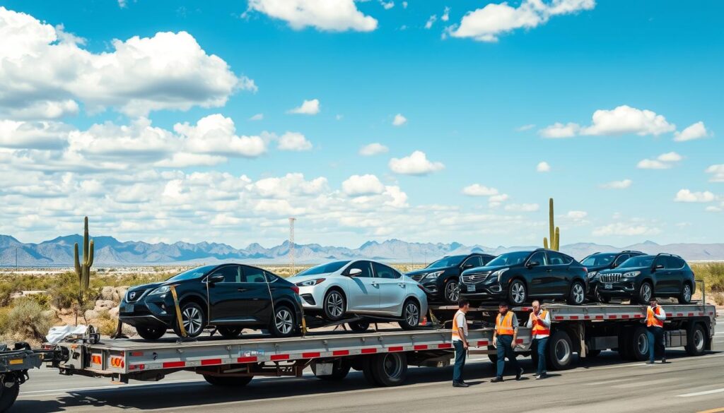 A busy car shipping terminal during daylight, featuring a variety of vehicles on a large open transport truck in the foreground, showcasing different car models securely loaded with ties. In the middle ground, workers in professional attire manage the loading and unloading process, using safety equipment, ensuring a smooth operation. The background displays a clear blue sky with scattered clouds and a desert landscape representative of Arizona, with distant mountains and cacti to establish the location. Bright, natural lighting enhances the scene, and the perspective is slightly elevated to capture the scale of the terminal. The mood is efficient and organized, reflecting the meticulous nature of the auto transport process.