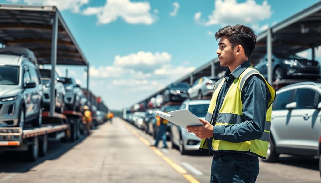 A busy car shipping terminal during daylight, showcasing a variety of vehicles loaded on transport trucks, ready for shipment. In the foreground, a young student in professional casual attire examines a clipboard, symbolizing the decision-making process for car shipping. The middle ground features rows of cars, both sedans and SUVs, organized for shipping, with workers in safety vests guiding the process. The background captures a clear blue sky with a few clouds, adding to the atmosphere of productivity and movement. The lighting is bright and natural, highlighting the details of the cars and the efficient operations of the terminal, conveying a sense of optimism and readiness for the upcoming journey.