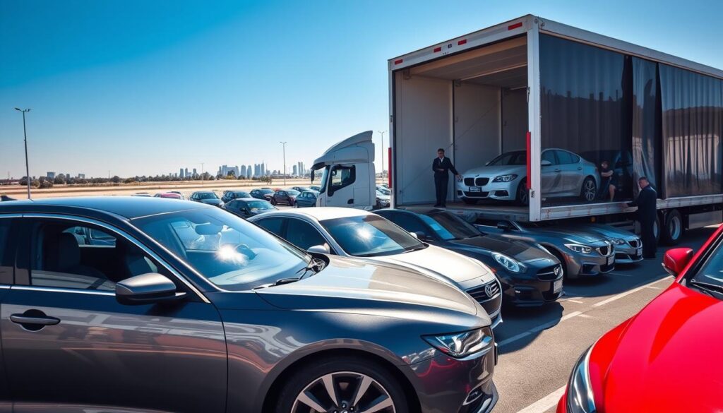 A busy car shipping terminal filled with various vehicles ready for transport. In the foreground, a sleek used car, shining under bright daylight, is being carefully loaded onto a large auto transport truck by workers in professional attire. In the middle ground, several other cars are lined up waiting for their turn, with a variety of makes and models visible, showcasing color and design diversity. The background features an expansive parking lot with clear blue skies and a subtle hint of city buildings in the distance. The lighting is vibrant and bright, highlighting the details of the cars. The atmosphere is professional and efficient, capturing the logistics of car transport.