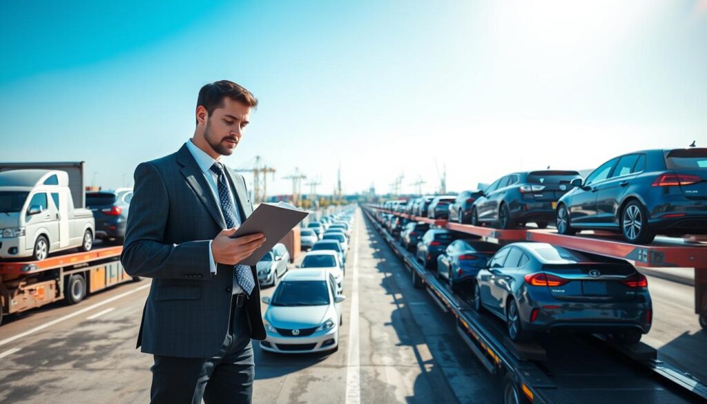 A busy car shipping terminal in Jacksonville, showcasing a variety of vehicles ready for transport. In the foreground, a professional business person in smart attire examines a clipboard, overseeing the process. The middle ground features rows of cars on transport trucks, with some being loaded and others already secured. The background displays a bright blue sky, with clear sunlight illuminating the scene, enhancing the sense of activity and organization. A distant view of cranes and shipping containers adds depth, suggesting a bustling logistics hub. The overall atmosphere is one of professionalism and efficiency, capturing the intricacies of car shipping logistics. The image should be framed from a slightly elevated angle, providing a comprehensive view of the operation without any text or distractions.