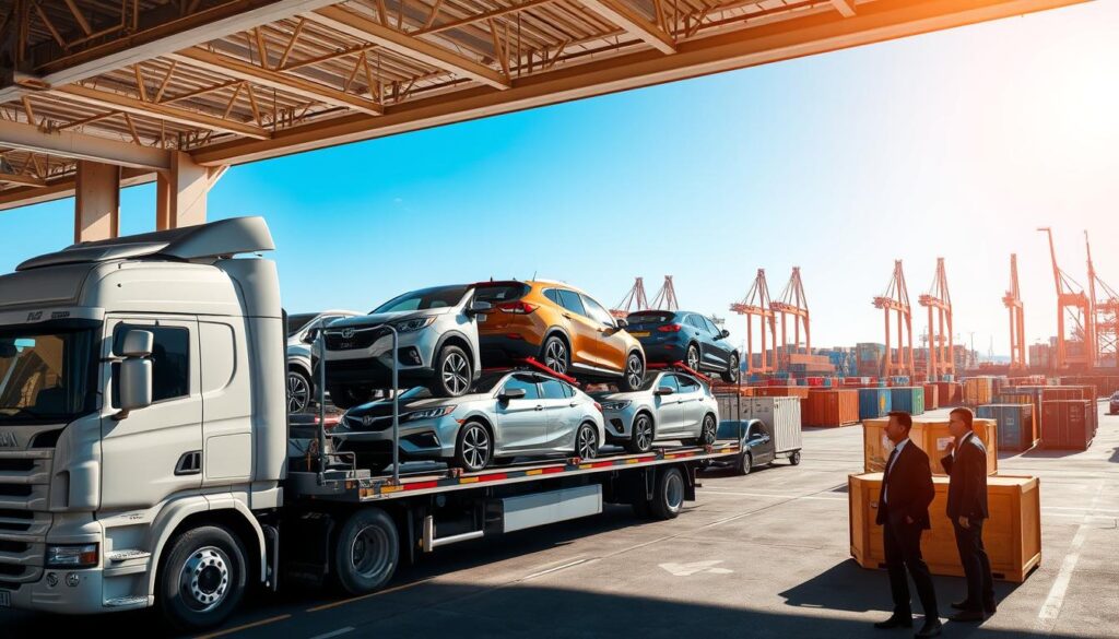 A busy car shipping terminal scene, showcasing a wide variety of cars loaded onto a large transport truck. In the foreground, a neatly parked truck with several vehicles secured on the flatbed, emphasizing the shipping process. In the middle ground, a well-organized area with containers and shipping crates, with workers in professional business attire observing the procedures. The background features a bright blue sky, with a shipping port and cranes silhouetted against it, highlighting a busy shipping environment. The lighting is natural and bright, capturing the hustle of the terminal. The atmosphere is professional yet vibrant, conveying the organized nature of car shipping and the importance of adhering to shipping regulations.