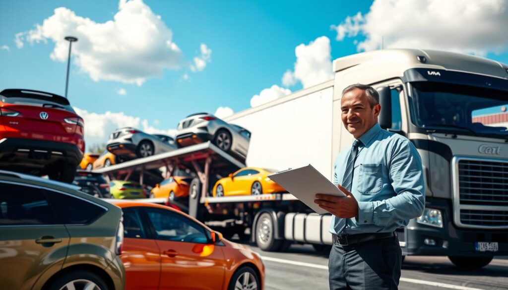 A busy car shipping terminal set in Cleveland, showcasing the process of vehicles being loaded onto a large transport truck, surrounded by various types of cars in bright colors. The foreground features a professional-looking driver with a clipboard, dressed in smart business attire, assessing the vehicles on the truck. In the middle ground, the transport truck is prominently displayed with a car ramp and vehicles being efficiently loaded. The background features a clear blue sky with fluffy white clouds, hinting at a long journey to Arizona. The lighting is bright and cheerful, suggesting a productive day, while a slight tilt of the camera angle adds dynamism to the scene. The overall mood reflects a sense of professionalism and excitement about the upcoming journey.