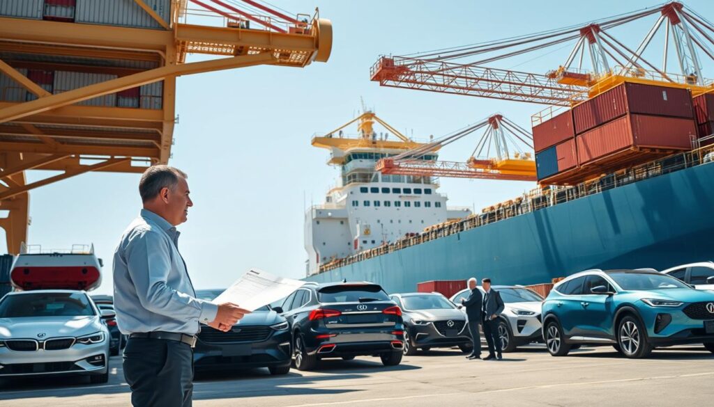 A busy car shipping terminal, showcasing a range of vehicles being loaded onto a large container ship. In the foreground, a pair of professionals in business attire discuss logistics, with one pointing towards a cargo manifest. The middle ground features a vibrant array of cars, including sedans, SUVs, and electric vehicles, being carefully secured by workers. In the background, the towering ship is docked, with cranes gracefully elevated against a clear blue sky. The scene is infused with bright, natural sunlight, creating a sense of efficiency and urgency. Capture the details of the vehicles and shipping containers while emphasizing the professionalism of the setting. Aim for a wide-angle view to encompass the entire operation, conveying the scale and organization of car shipping.