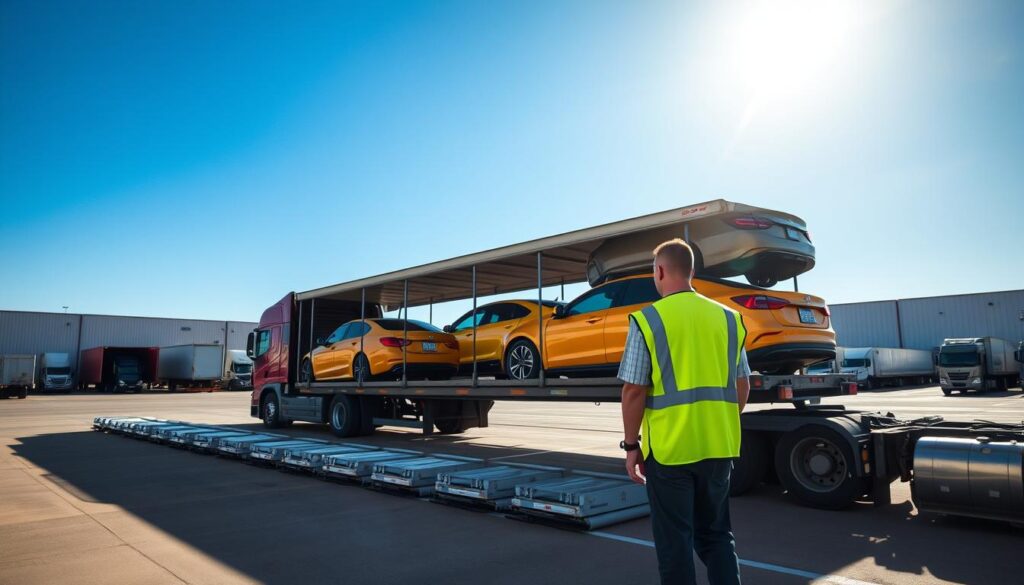 A busy car shipping terminal under a clear blue sky, featuring a large semi-trailer truck loaded with several brightly colored cars, ready for transport from New Mexico to Texas. In the foreground, a professional worker in a safety vest inspects the vehicles, ensuring they are securely fastened. The middle ground showcases rows of cars lined up on the loading dock, while the background reveals the expansive shipping yard with other trucks and shipping containers. Soft sunlight illuminates the scene, casting long shadows and creating a warm, industrious atmosphere. Capture this dynamic moment from a slightly elevated angle, emphasizing the scale of the operation and the variety of vehicles being shipped.