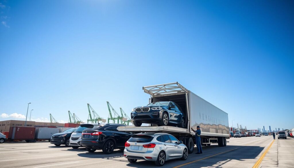 A busy car shipping terminal under a clear blue sky, showcasing a diverse lineup of vehicles ready for transport. In the foreground, several cars are being loaded onto a large car carrier truck, the workers dressed in professional blue uniforms carefully securing the vehicles. In the middle ground, the truck is positioned prominently with ramps and straps visible, highlighting the shipping process. Surrounding the terminal, a few shipping containers and cranes can be seen in a bustling environment, conveying the logistics involved in car shipping. The background features a wide view of the terminal, with distant vehicles and a subtle cityscape of Miami hinted at far away. The lighting is bright and vivid, casting realistic shadows, creating a professional atmosphere that emphasizes organization and efficiency in the car shipping process.