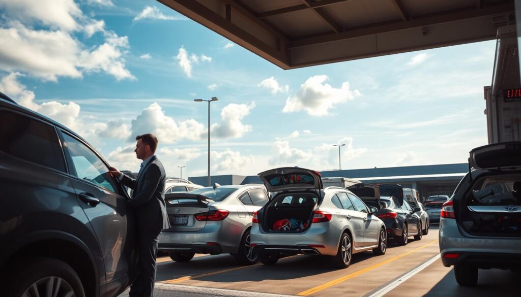 A busy car shipping terminal with multiple vehicles being loaded onto transport trucks. In the foreground, a worker in professional business attire inspects a vehicle, ensuring it is properly secured. The middle layer features car carriers lined up, showcasing various automobile models, some with personal belongings visible through open trunks, but restrained. In the background, a bright blue sky with soft white clouds sets a calm atmosphere, while sunlight casts dynamic shadows across the scene. The image should have a slightly elevated angle, providing an overview of the terminal and the process, highlighting the efficiency and care involved in car shipping while subtly conveying the restrictions on personal items. A busy car shipping terminal with multiple vehicles being loaded onto transport trucks. In the foreground, a worker in professional business attire inspects a vehicle, ensuring it is properly secured. The middle layer features car carriers lined up, showcasing various automobile models, some with personal belongings visible through open trunks, but restrained. In the background, a bright blue sky with soft white clouds sets a calm atmosphere, while sunlight casts dynamic shadows across the scene. The image should have a slightly elevated angle, providing an overview of the terminal and the process, highlighting the efficiency and care involved in car shipping while subtly conveying the restrictions on personal items.