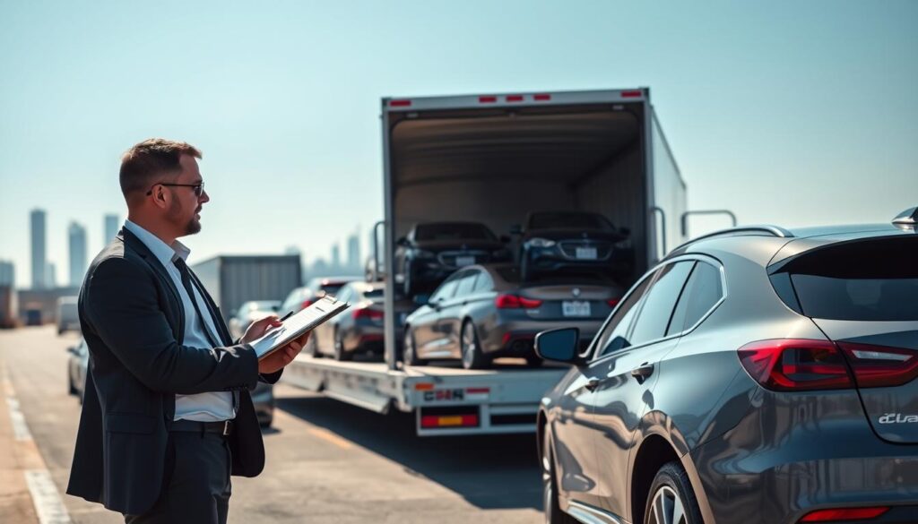 A busy car shipping terminal with vehicles being loaded onto a transport truck. In the foreground, a professional worker in business attire inspects the vehicles, jotting notes on a clipboard. The middle ground features a sleek, open transport truck filled with various cars, showcasing a range of colors and styles. The background displays a clear blue sky and a distant skyline of Detroit. The scene is bright and well-lit, giving a sense of a sunny day, with soft shadows cast by the vehicles. The overall mood is organized and efficient, capturing the essence of the auto transport process, emphasizing professionalism and industry expertise. The perspective is slightly elevated, creating a comprehensive view of the operation without any text or distractions.