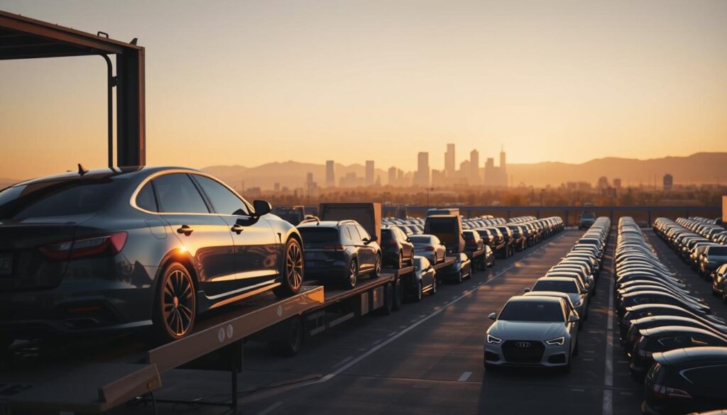 A busy car shipping yard at dawn, showcasing rows of vehicles ready for transport. In the foreground, a shiny, new sedan is being carefully loaded onto a transport truck by a professionally dressed worker, highlighting the logistics aspect of car shipping. The middle ground features a fleet of various cars secured on multiple trucks, emphasizing the scale of the operation. The background reveals the silhouette of Denver’s iconic skyline, gradually blending into the hazy outline of the distant mountains, blending a sense of location. Soft golden morning light bathes the scene, creating an inviting and industrious atmosphere. The image is captured from a slightly elevated angle, providing an overview of the yard while maintaining a focus on the car loading process.