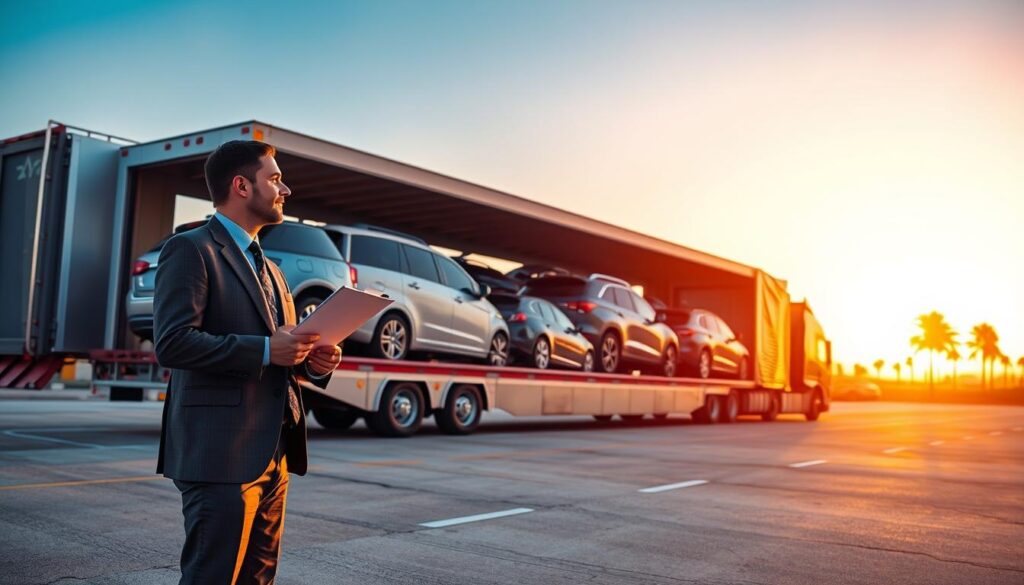 A busy car shipping yard at sunset, showcasing multiple cars being loaded onto a large, modern transport truck. In the foreground, a well-dressed professional in business attire oversees the loading process, clipboard in hand, highlighting the organized logistics of car shipping. The middle ground features the transport truck, packed with various vehicles, including sedans and SUVs, all gleaming under the warm golden light. In the background, a clear blue sky transitions to warm hues of orange and pink, suggesting the route from Charlotte to Miami, with a distant silhouette of palm trees to indicate a tropical environment. The atmosphere is vibrant yet professional, conveying the efficiency and importance of shipping cars interstate.